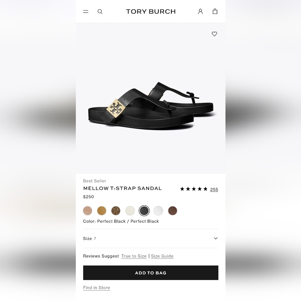Tory Burch Mellow T-Strap Sandal in Black with Gold Logo